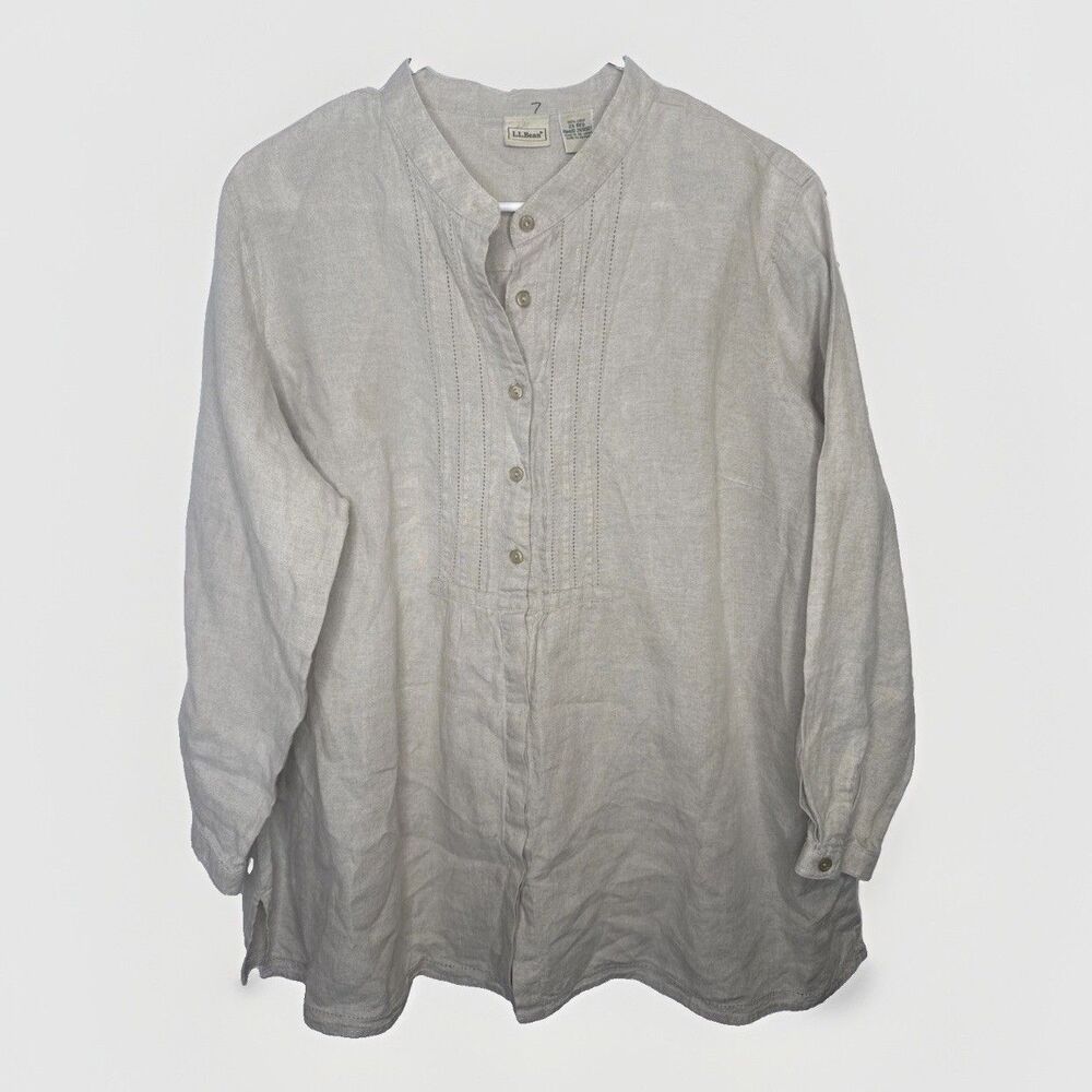 L.L. Bean Beige Long Sleeve Button Down Tunic 100% Linen Pin Tuck Shirt 2XL